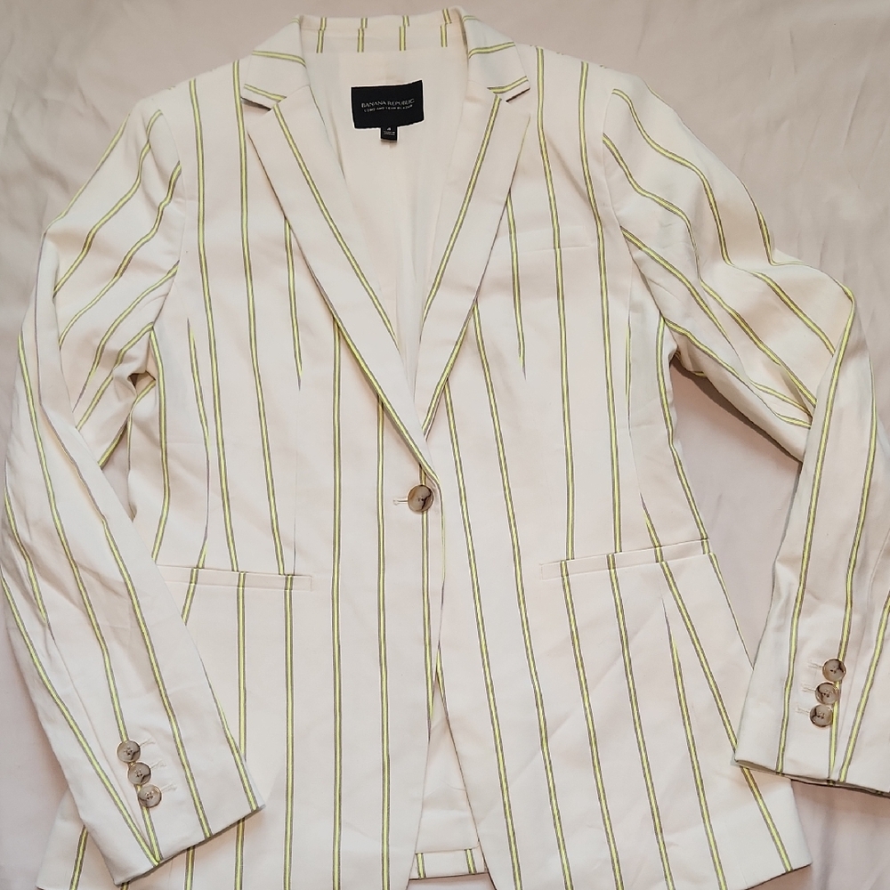 EUC Banana Republic White and Neon Green Cotton/Linen Striped Blazer Sz4